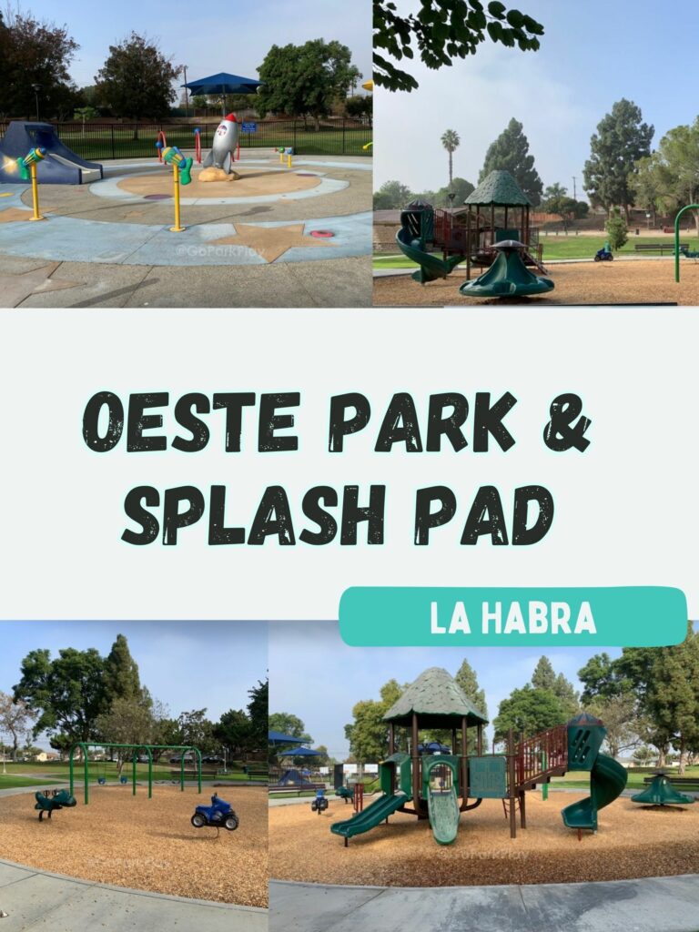 Oeste Park Splash Pad with rocket ship, slide and spraying water in La Habra CA