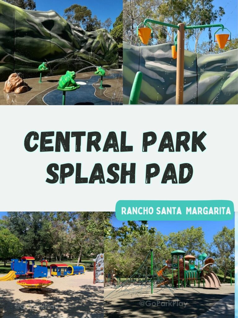 Central Park Splash pad with squirting frogs, bridge, dumping buckets in Rancho Santa Margarita CA